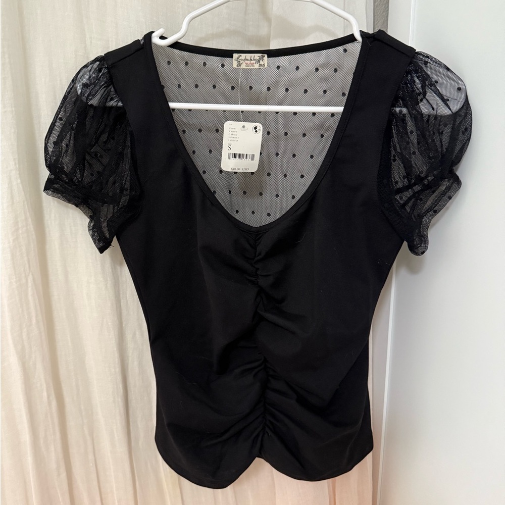 🖤 NWT Free People She’s All That Black Mesh Puff Sleeve Top (Small) 🖤